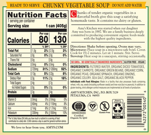 14.3 (Pack 6) Amy's Soup, Vegan, Gluten Free, Organic Chunky Vegetable, Low Fat, Ounce