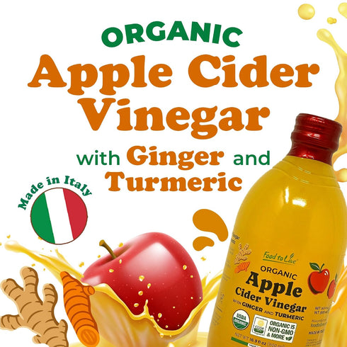 500 ml (Pack 3) Food To Live Organic Apple Cider Vinegar with Ginger and Turmeric, Raw, Italian, Unfiltered