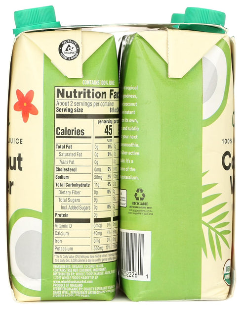 365 100% 16.9 Oz Pack 4 by Whole Foods Market, Organic Coconut Water, Pulp-Free Juice, Fl per Carton