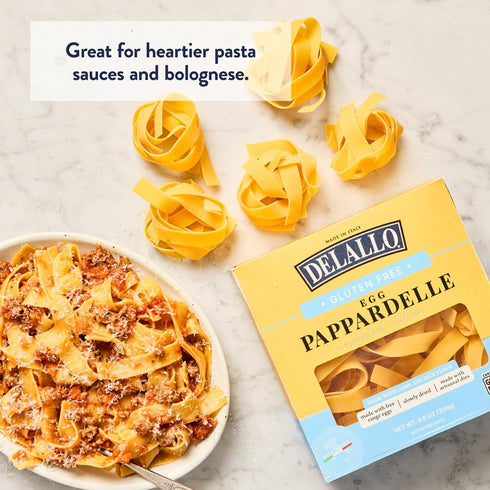 8.8 oz (4 Pack) DeLallo Gluten-Free Pappardelle Pasta Nests, Made with Corn and Rice Flour and Farm Fresh Eggs, Made