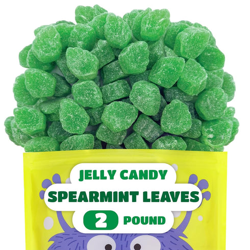 2 Spearmint Leaves Jelly Candy - Pound Bulk Bag - Classic Spearmint Candy with Soft Chewy Texture - Leaf Shaped Mint