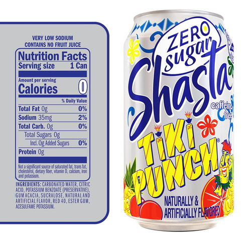 12-Pack 12oz Shasta Zero Sugar Tiki Punch | of Cans | Tropical Punch Flavor | Sugar-Free & Sweet | Caffeine-Free
