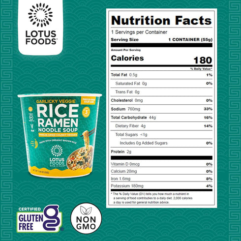 1.94 Oz (Pack 6) Lotus Foods Organic Garlicky Veggie Rice Ramen Noodle Soup - Ramen Noodles, Cup of Noodles, Instant