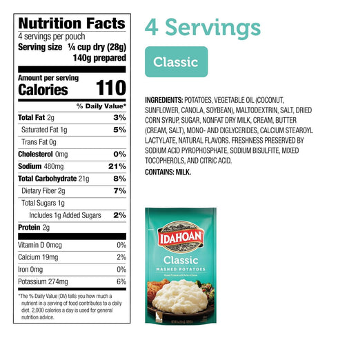 100% 4 4 (Pack 12) Idahoan Classic Mashed Potatoes, Naturally Gluten-Free, Real Idaho Potatoes, servings per bag, ounce