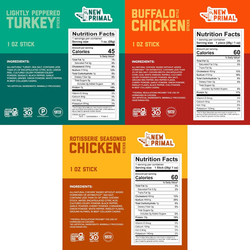 Pack, 5 New Primal Family Variety All Natural Chicken and Turkey Meat Sticks, Healthy Snacks for Adults and Kids, High