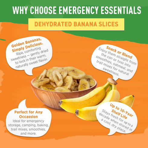 10-Year 24 Emergency Essentials, Dehydrated Banana Slices, Emergency Food Supplies, Shelf Life, Servings