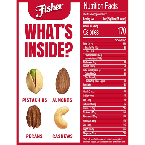 8.75 Oz Fisher Snack Oven Roasted Never Fried, Almonds, Cashews, Pecans, Pistachios, Made with Sea Salt, Deluxe Mixed