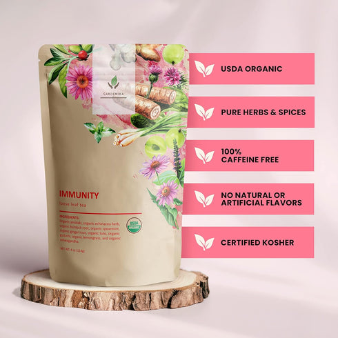 Gardenika Organic Immune Loose Leaf Tea, Herbal Caffeine Free Ayurvedic Leaves, KSA Kosher – 4 oz (1 Pack)