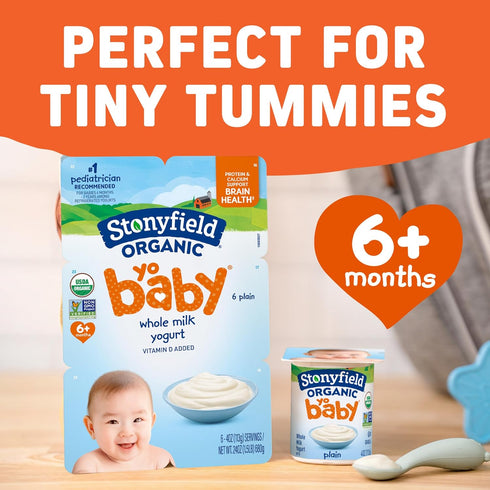 Stonyfield Organic 4 Oz, 6 Pack YoBaby Whole Milk Baby Yogurt Cups with Probiotics, Plain