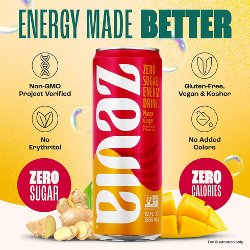12 oz (12-Pack) Zevia Zero Sugar Energy Drink, Mango Ginger, Cans Naturally Sweetened, Zero Calorie Sugar Free Energy