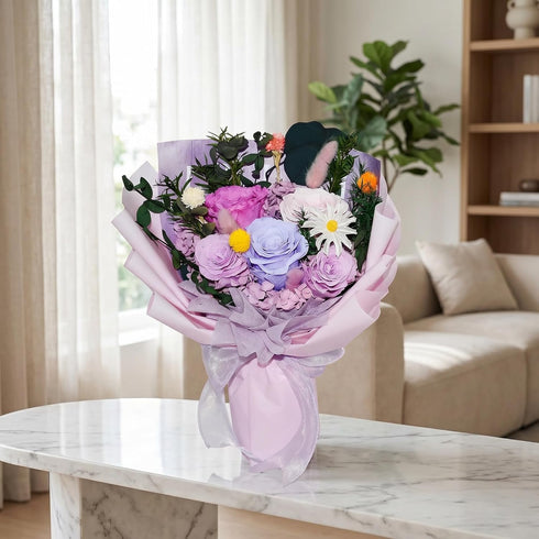 5 1-3 Preserved Flowers Bouquet Real Roses, Flowers for Delivery, Long-Lasting Mixed Purple Roses & Daisies Bouquet