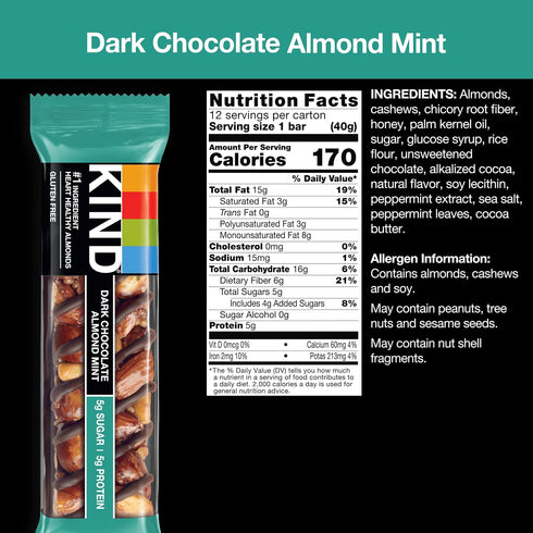 5g 12 Count KIND Nut Bars, Dark Chocolate Mint, Healthy Snacks, Gluten Free, Low Sugar, Protein