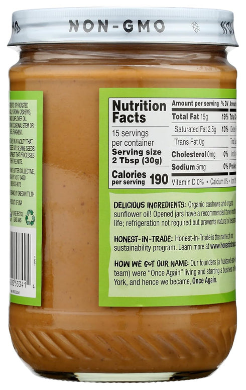16oz (1 Once Again Organic Creamy Cashew Butter, - Unsweetened - USDA Organic, Gluten free Certified, Vegan, Kosher