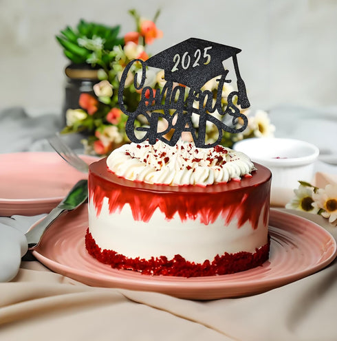 Congrats Grad Cake Topper - Black Glitter 2025 with Graduation Cap - 2025 Graduation Party Decorations