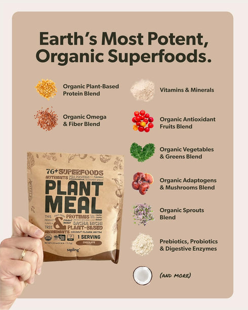25g 76+ 1 Plant Meal Replacement Shake - Chocolate - of Plant Based Vegan Protein Powder, Organic Superfoods, Vitamins