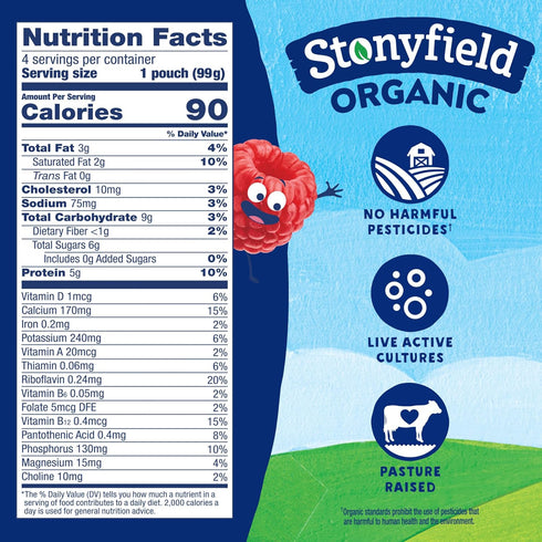 Stonyfield Organic 3.5 oz., 4Ct Kids Zero G Added Sugar Whole Milk Yogurt Pouches, Cherry Berry Pear
