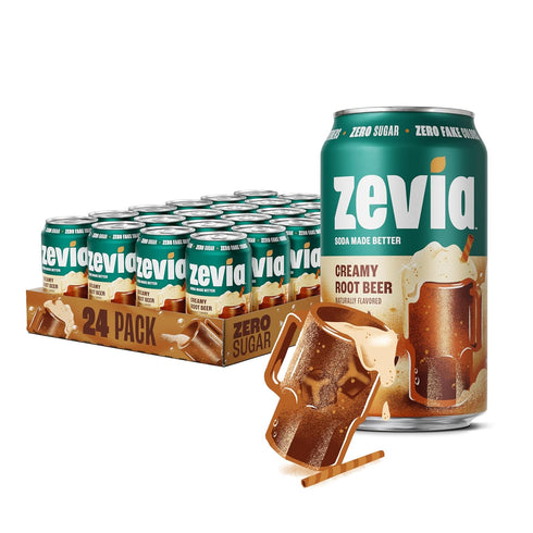 Zevia Zero Sugar Soda, Creamy Root Beer, 12 oz Cans (24-Pack) Naturally