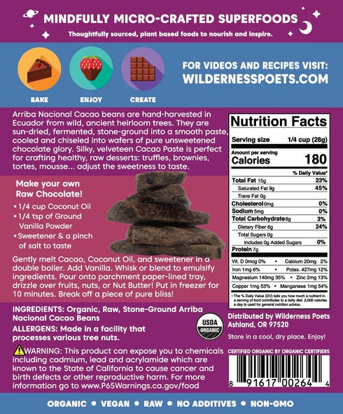 100% (8 227g) Wilderness Poets Organic Cacao Paste - Made from Stone Ground, Raw Cacao Beans Ounce