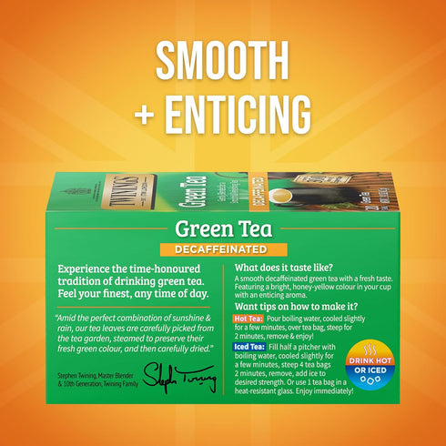 Twinings Decaffeinated Green Tea, 20 Count - Individually Wrapped Bags, Smooth Flavor, Enjoy Hot or Iced