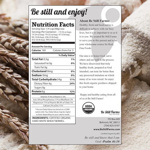 (5.8 lb) Be Still Farms Organic Hard White Wheat Berries - Healthy Diet Whole Grains Bulk - Ideal for Soups Flour Bread