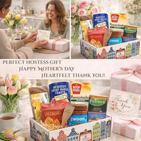 DeReuze European Breakfast Gift Basket with Dutch Pancake Mix Morning Tea Holland Rusk Toast Honey Cake and More Warm