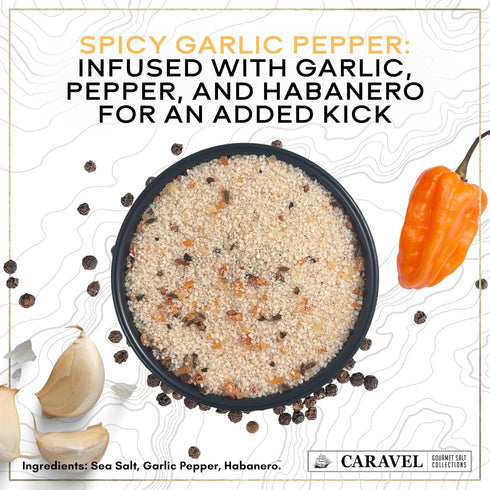 4 oz 4-Pack, Spicy Sea Salt Mega Sampler: Spicy Garlic Pepper, Habanero, Jalapeno and Cajun Sea Salts, Jar Caravel
