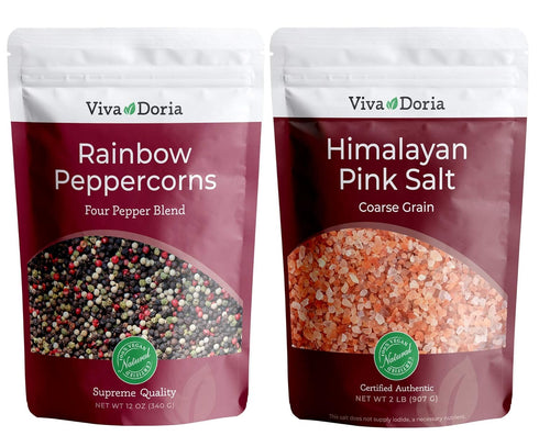 Viva Doria Rainbow Peppercorns Blend 12 oz & Himalayan Pink Salt, Coarse