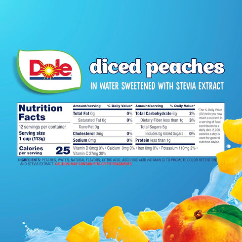 4 oz 12 Pack Dole Diced Peaches No Sugar Added - Dole Fruit Bowls Snacks - Fruit Bowls