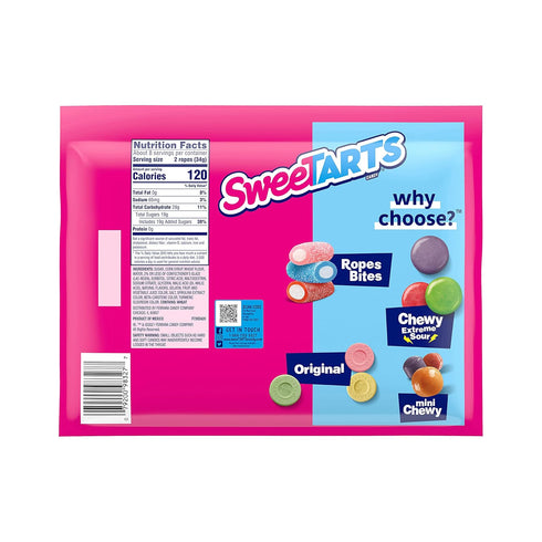 9 oz (Pack 3) SweeTARTS Ropes, Candy, Twisted Rainbow Punch, Soft and Chewy