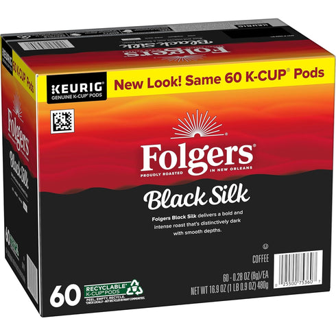 10 Count (Pack 6) Folgers Black Silk Coffee, Dark Roast, Keurig K-Cup Pods, Box