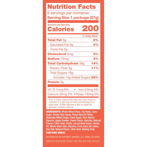6 Count (Pack 6) Nature's Bakery Whole Wheat Fig Bars, Peach Apricot, Real Fruit, Vegan, Non-GMO, Snack bar