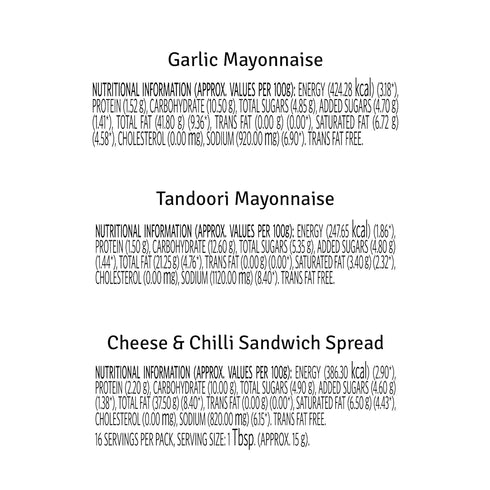 Veeba 250 250 275 Pack 3 Garlic Mayonnaise g Tandoori Mayonnaise g & Cheese & Chilli Sandwich Spread g