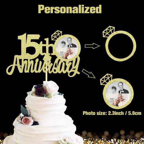 Sumerk 15th Anniversary Cake Topper, 13pcs Gold Glitter Cake Decorations with Small Heart for Celebration