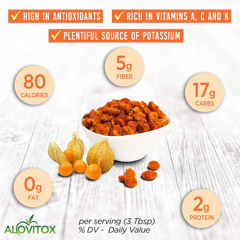 1 oz 2g 5g 8 oz Alovitox Sun Dried Golden Berries | Raw, Fresh & Organic | Contains Protein & Fiber, Low-Calorie