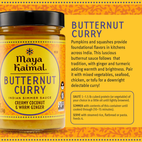 Simmer Simmer Maya Kaimal Butternut Curry Sauce, Mild Indian Sauce with Creamy Coconut and Warm Ginger, Vegan, Dairy