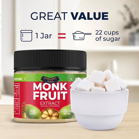 (25X (7% (6oz, 1133 Monk Fruit Sweetener No Erythritol Sweeter Than Sugar) Zero Calories, Zero Glycemic, Non-GMO, No