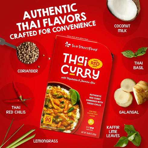 Pack 9, 10.48 oz Silo StreetFood Thai Red Curry with Vegetables & Jasmine Rice Ready To Eat Meals, Prepared Foods