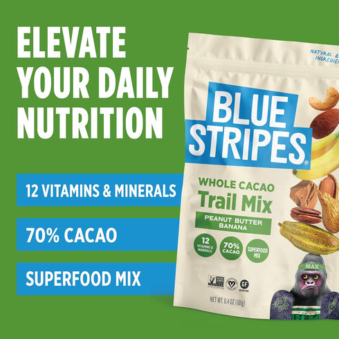 70% 6.4 oz Blue Stripes - Trail Mix, Peanut Butter Banana, Cashews, Peanut Butter Chips, Healthy Snacks for Adults