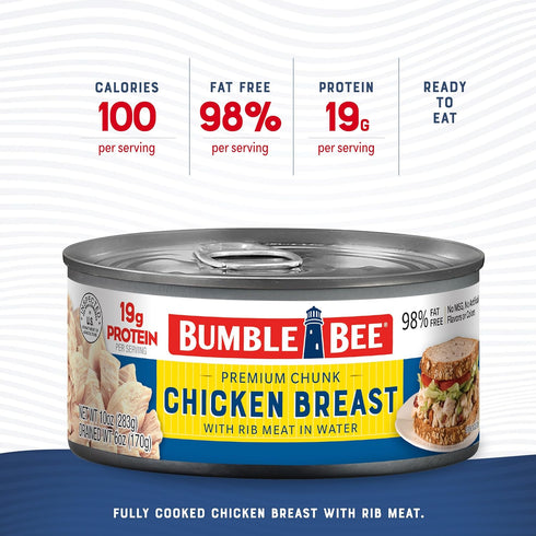10 oz 19g (Pack 5) Bumble Bee Premium Chicken Breast with Rib Meat, Chunk in Water, Can - Protein per Serving - Gluten