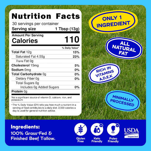 100% 2 Pack 14oz Fat Brothers Original Grass-Fed Beef Tallow, USA Made and Sourced, Suet, Jars, No Added Hormones