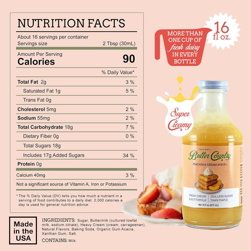 Country 16 oz Butter Rich & Creamy Peach Syrup for Pancakes and Waffles, All Natural Fruity Topping Use on Drinks