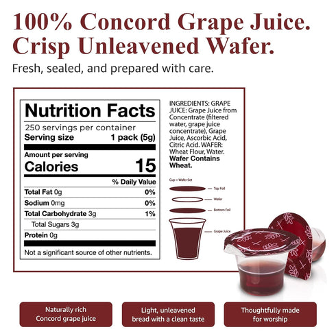 Grace Communion Set 250 Communion Prefilled Cup and Wafer - Box of Bread and Grape Juice for Holy