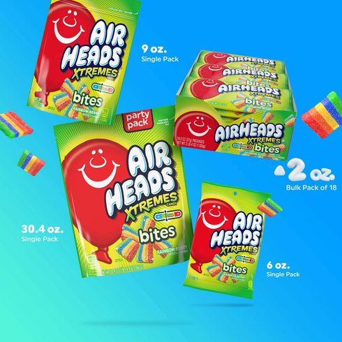 2 oz (Pack 18) Airheads Xtremes Bites Sweetly Sour Candy, Rainbow Berry, Non Melting, Bulk Party Bag