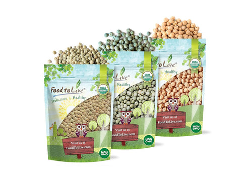 3 Pack (5 LB), (5 LB), (5 LB), Food to Live Organic Pulses Bundle, Whole Green Peas Green Lentils Chickpeas Non-GMO