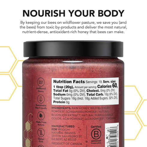13.2 oz (375 Drizzle Berry Bliss Raw Honey - All Natural Pure Raw Honey with Organic Blueberry, Unfiltered & Unheated