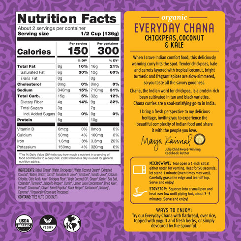 10oz Pack 6 Maya Kaimal Foods - Organic Indian Everyday Chana - - Fully Cooked Chickpeas with Coconut & Kale - Vegan