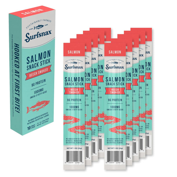 Surfsnax Salmon Jerky Snack Sticks - Sustainably Farmed Beechwood Smoked Salmon Jerky Snacks