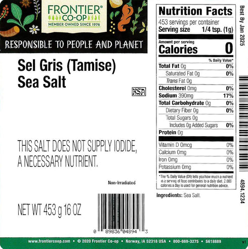 1lb Frontier Co-op Celtic Sea Salt Sel Gris, Light Grey Sea Salt, Coarse, Great for Cooking, Baking, Canning