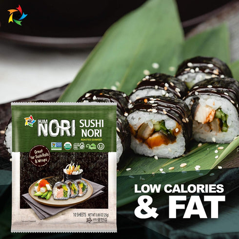 KIMNORI Sushi Nori Seaweed Sheets – 10 Full Size USDA Organic Yaki Roasted Rolls Wraps Snack 100% Natural Laver Gluten