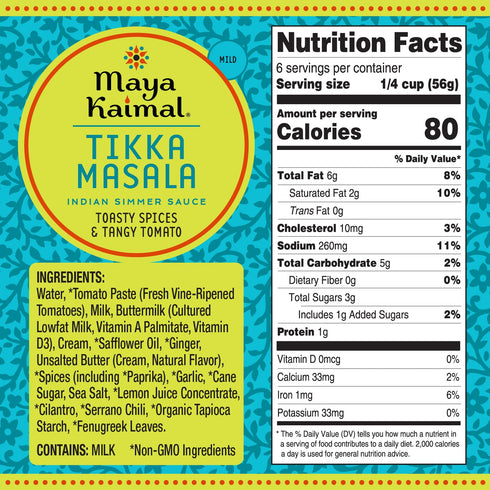 Simmer GaramMasala 12.5 oz Maya Kaimal Tikka Masala Sauce, Mild Indian Sauce with Tomato and Spices. Vegetarian, Gluten